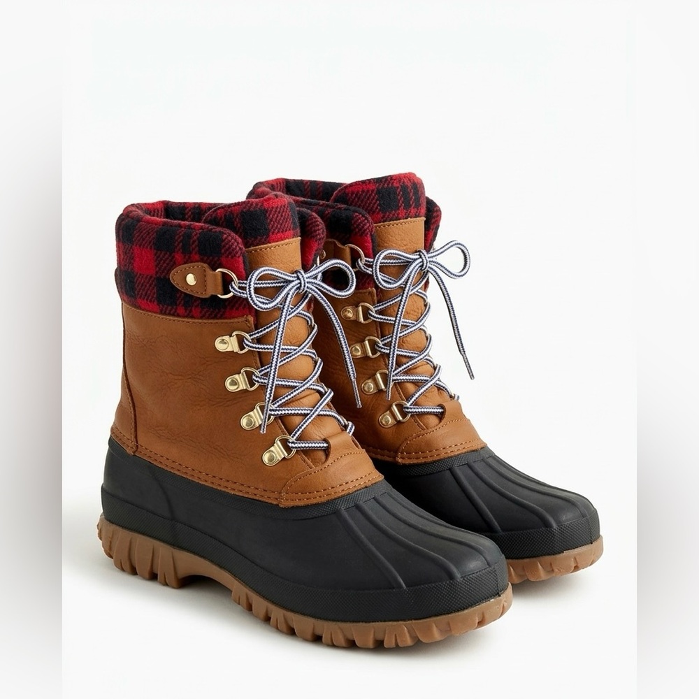J CREW Buffalo Plaid Duck Boots Tan Leather Winter Snow Gorpcore 9